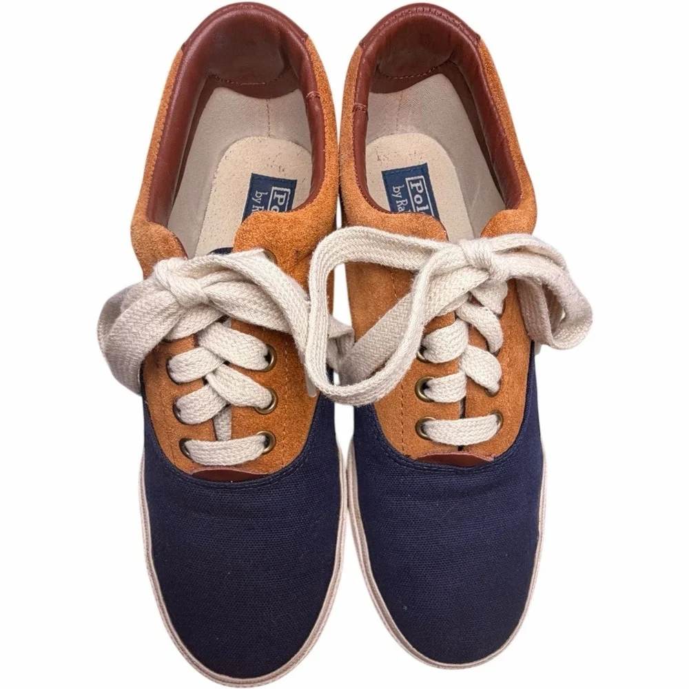Polo Ralph Lauren Vaughn Saddle Sneakers Men’s 8D Navy Tan Canvas Suede - Picture 4 of 10